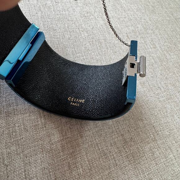 Celine Minimal Manchette Cuff Bracelet Metallic Blue Metal Silver Detail - Picture 6 of 7